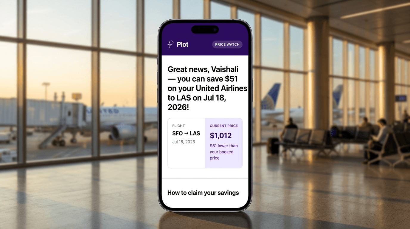 Plot Flight Price Watch, push notification showing a $200 price drop on a JetBlue BOS to LAX flight