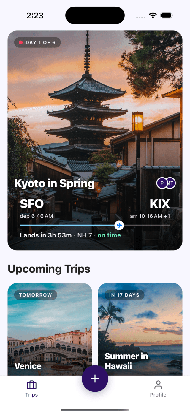 Plot trips home showing live flight tracking — Kyoto in Spring, SFO to KIX, lands in 3h 53m, on time