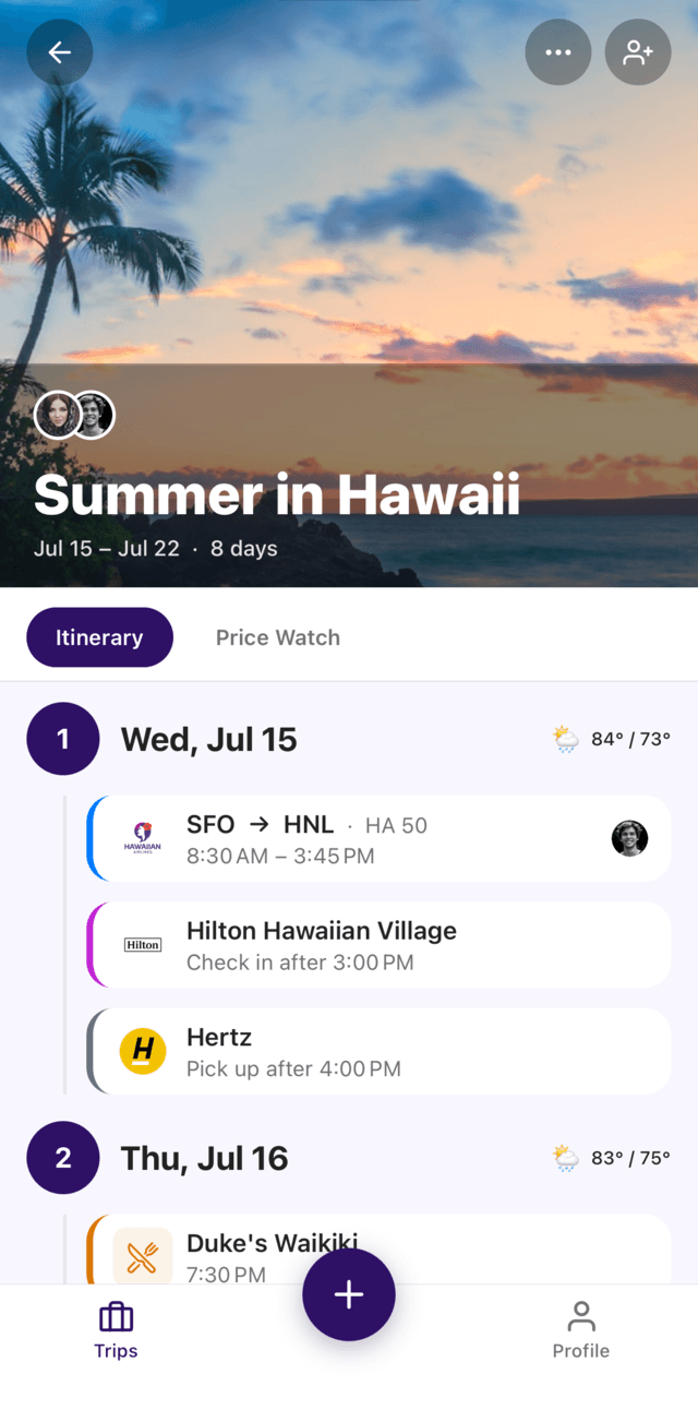 The Plot iOS app showing a Hawaii trip itinerary with the trip group's facepile and daily activities.