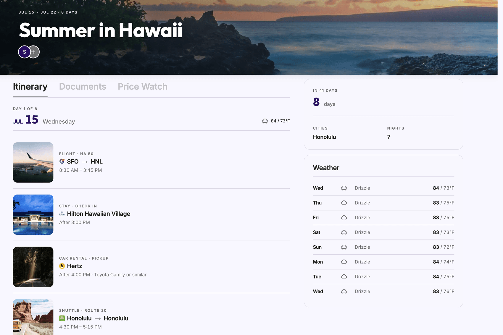 Plot trip organizer showing a Summer in Hawaii itinerary with a flight, hotel, car rental, and shuttle on day one