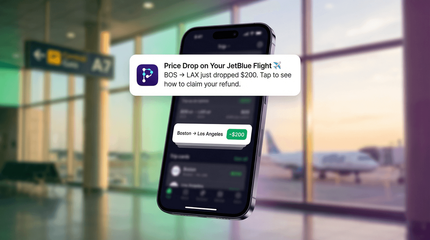 Plot Price Watch — push notification showing a $200 price drop on a JetBlue BOS to LAX flight