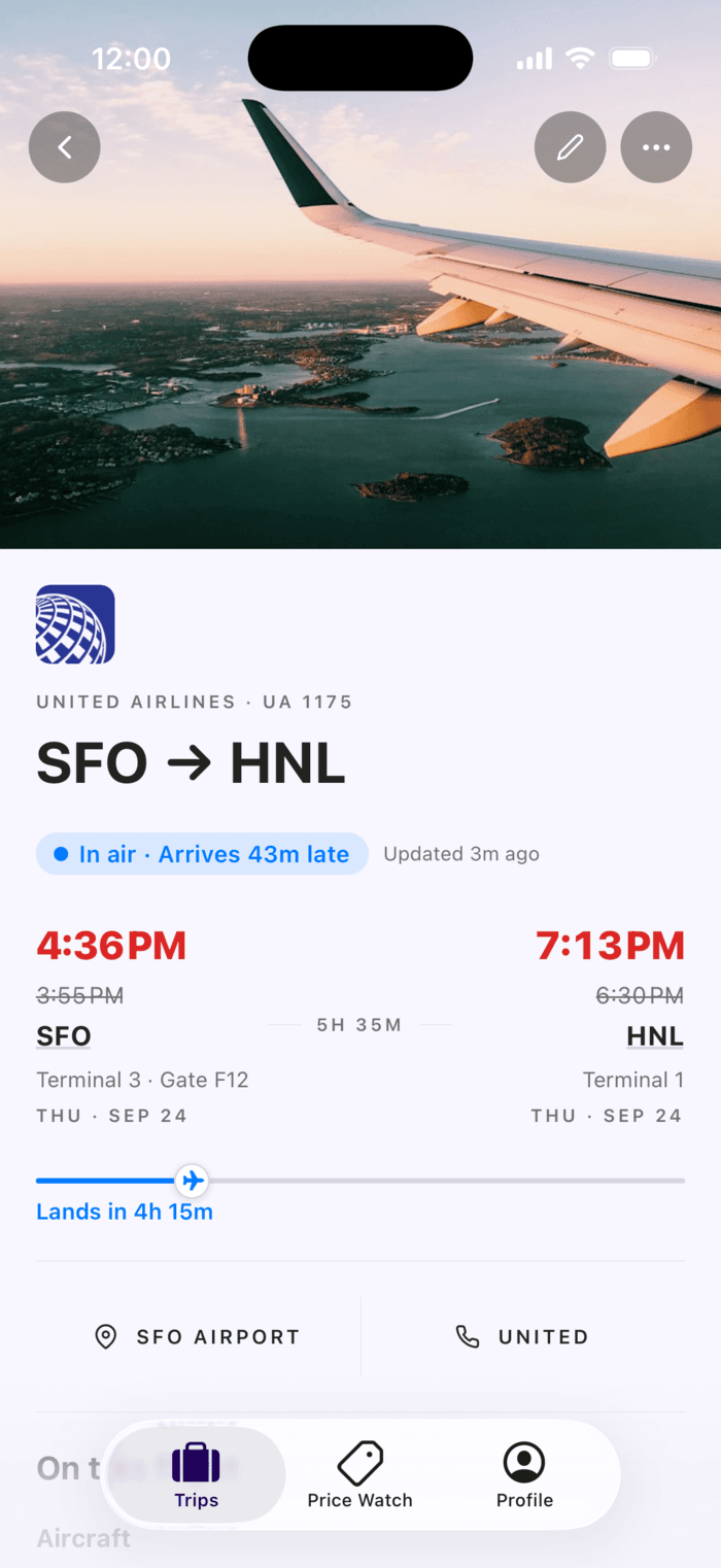 Plot's flight detail on iPhone: United UA 1175 SFO to HNL in the air, arriving 43 minutes late, with terminals and gate