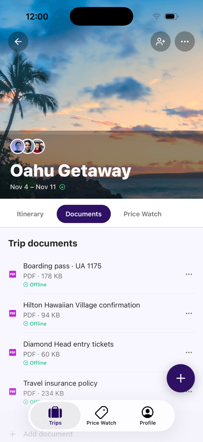 The Plot iPhone app with no signal, showing a trip's boarding pass, hotel confirmation, hike tickets, and travel insurance, each marked Offline.
