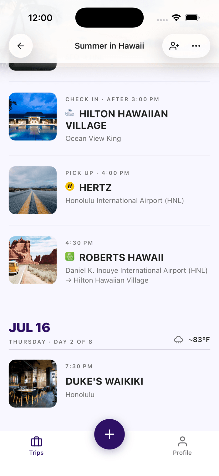 Plot trip organizer showing a Summer in Hawaii itinerary — hotel, car rental, shuttle, and a Waikiki dinner across two days