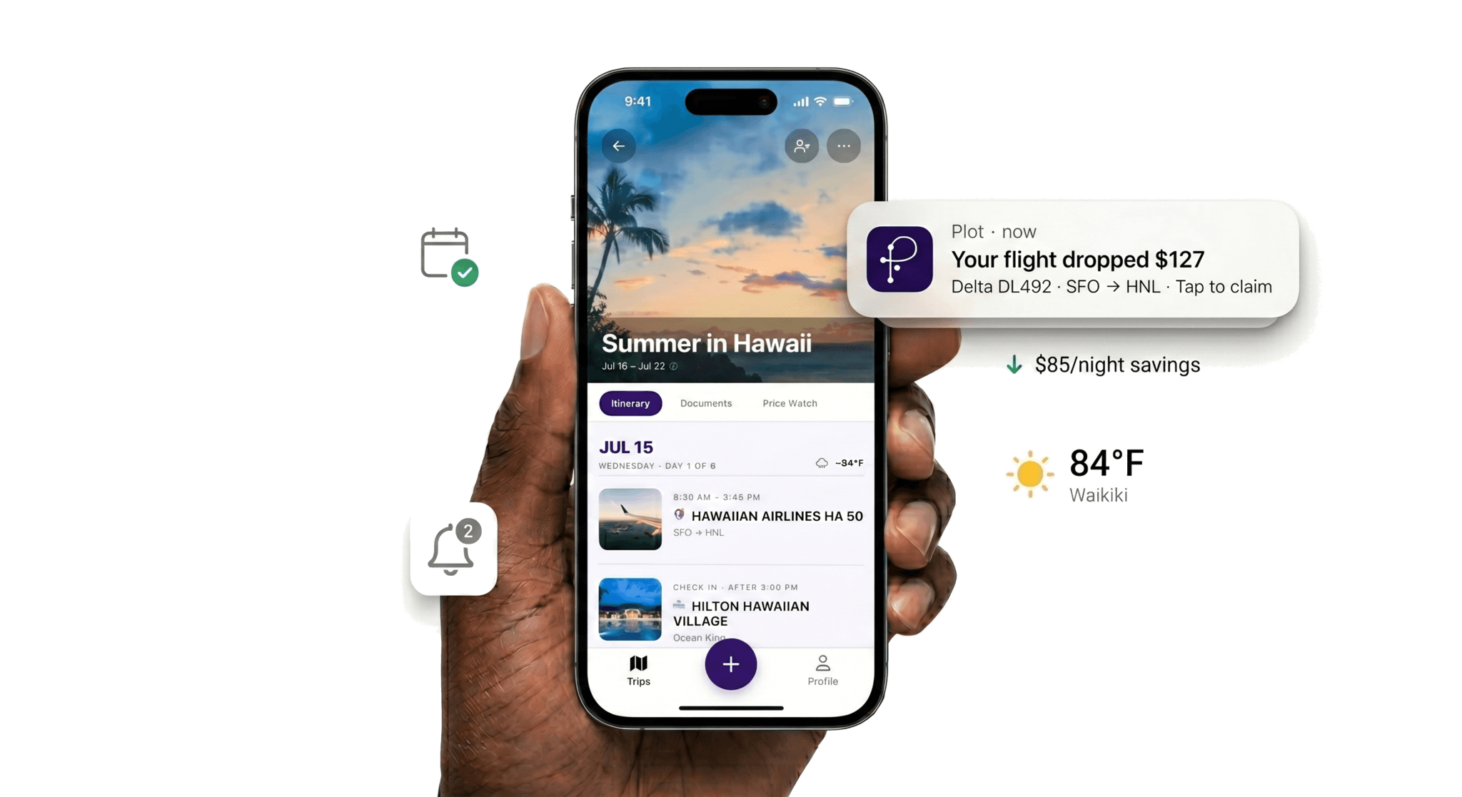 Plot Travel app showing a Summer in Hawaii trip itinerary with flight and hotel price-drop alerts