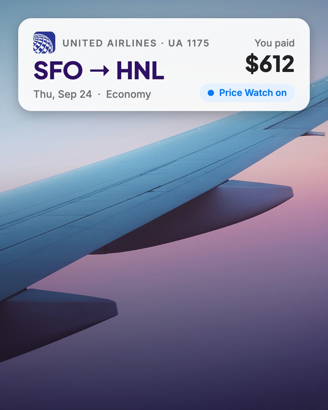 On the way to Honolulu: Plot watches a United SFO to Honolulu fare booked at $612. It drops to $519, a push says the price dropped $93, and Plot claims the $93 back as a United eCredit.